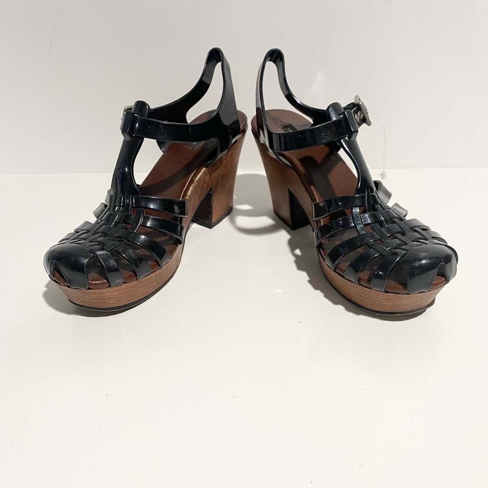 Marc Jacobs Platform Wooden Jelly Fisherman Heel Sandal 37 Block Black - Picture 9 of 11